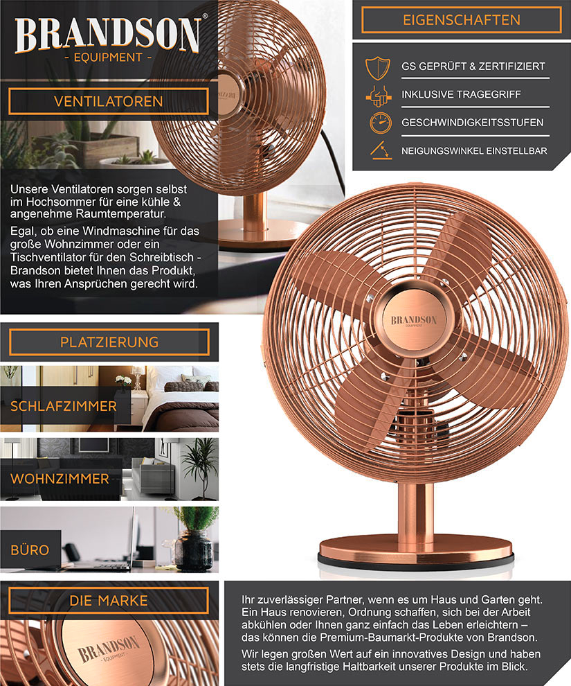 BRANDSON 303057 Tischventilator Kupfer (30 Watt)