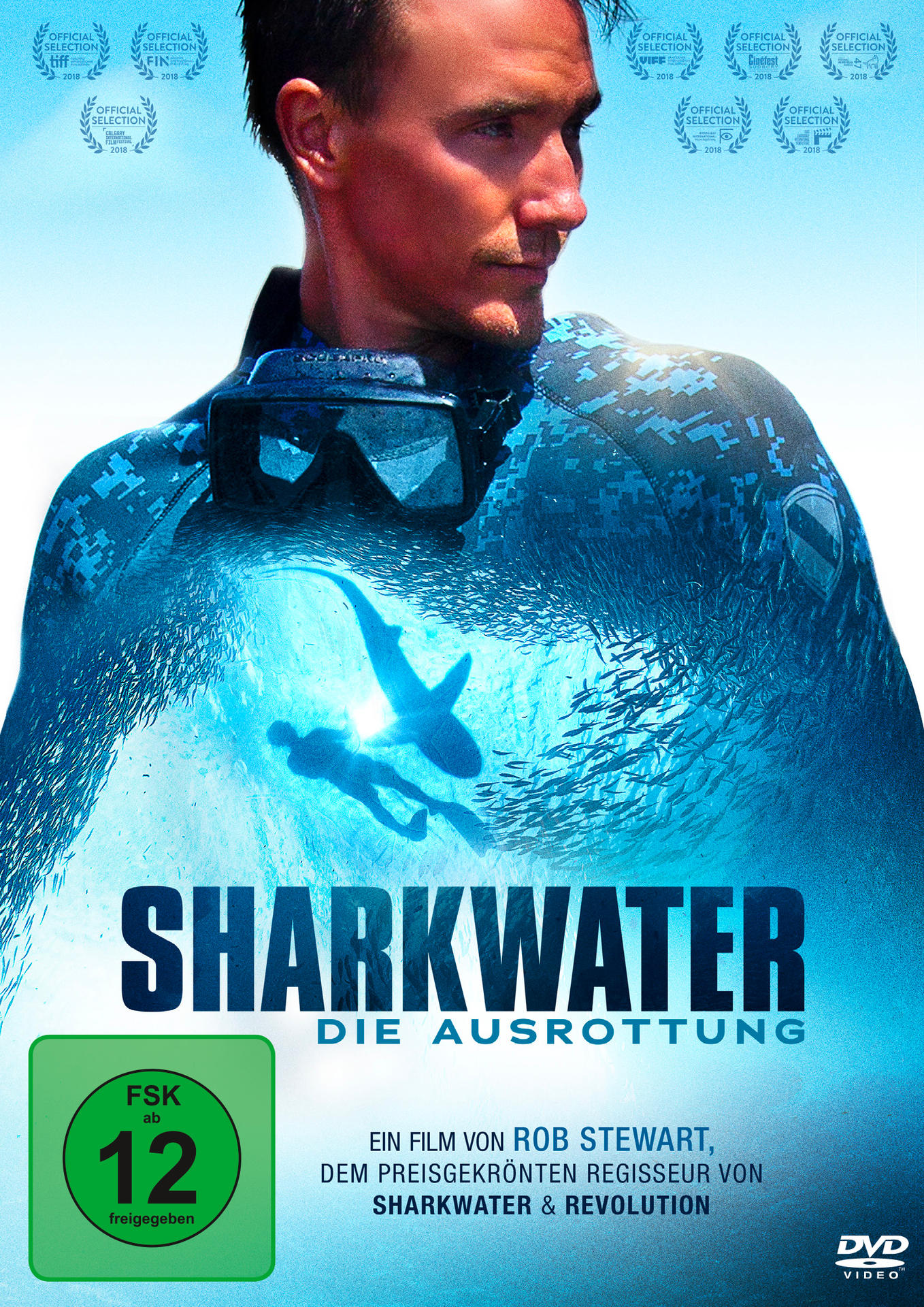 Filmposter für Sharkwater, ein Film über Unterwasser-Tauchen. Ein Taucher schwimmt mit Haien.