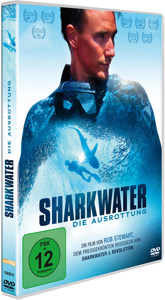 DVD-Hülle eines Films namens Sharkwater, mit einem Mann unter Wasser und Haien.