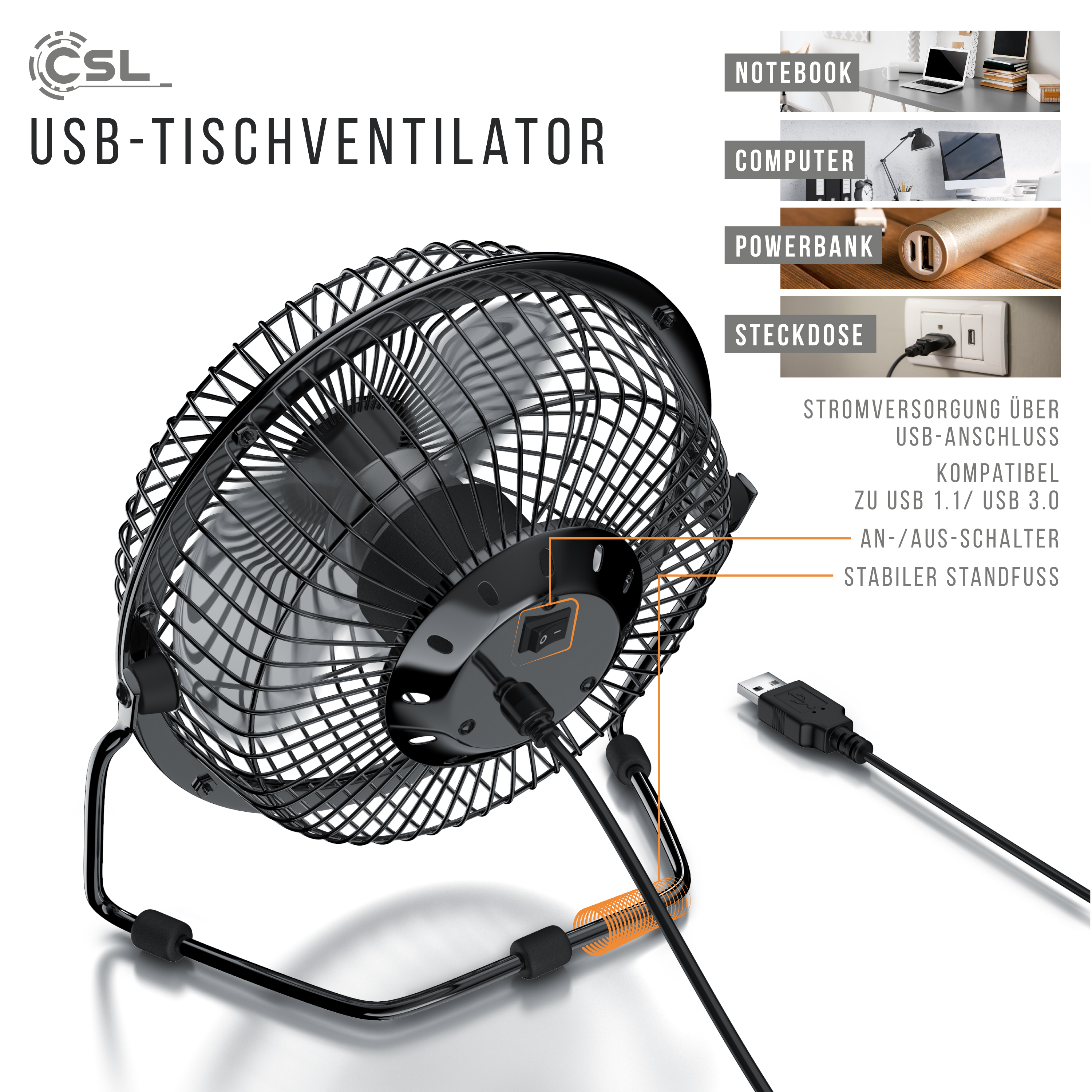 CSL 300967 USB Tischventilator Schwarz 