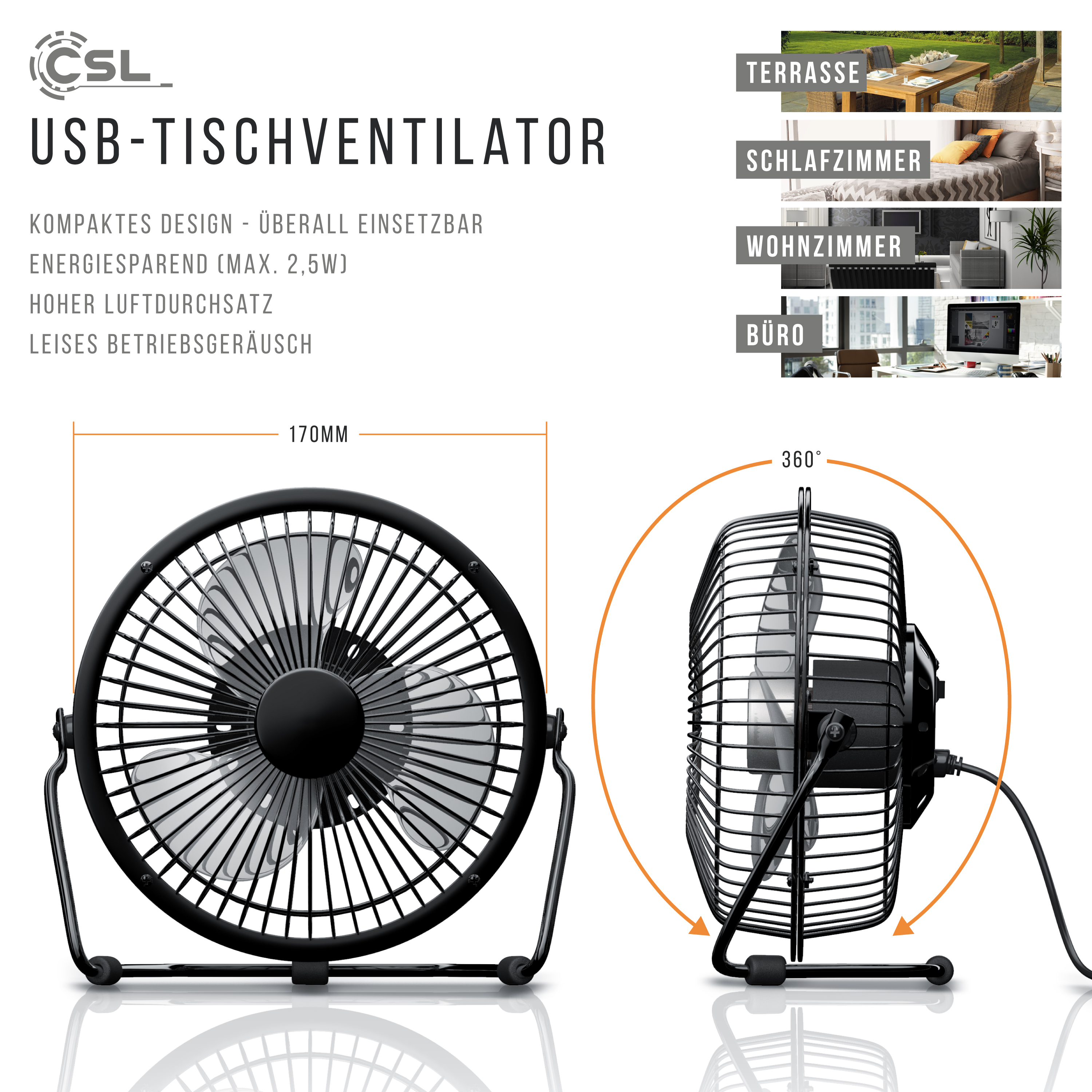 CSL 300967 USB Tischventilator Schwarz 