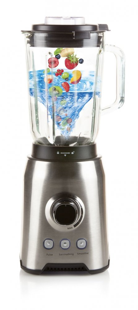 Blender with fruit and liquid inside, stainless steel base, white background.