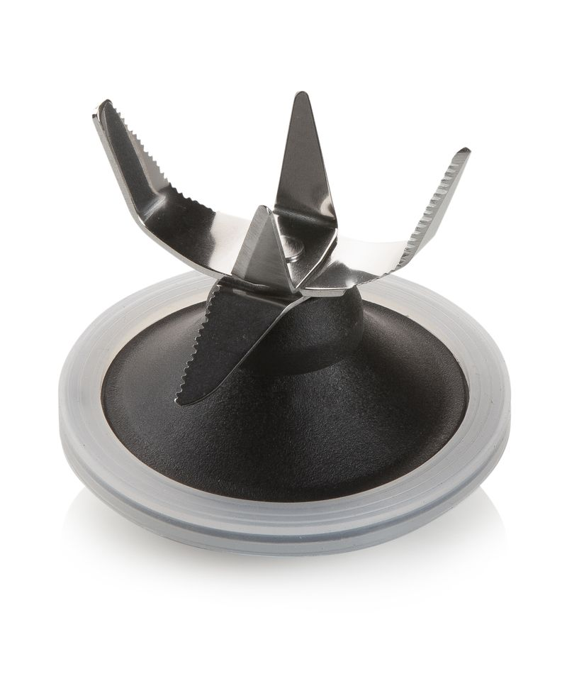 Blender blade assembly, with multiple sharp blades and a black base, is on a white surface.