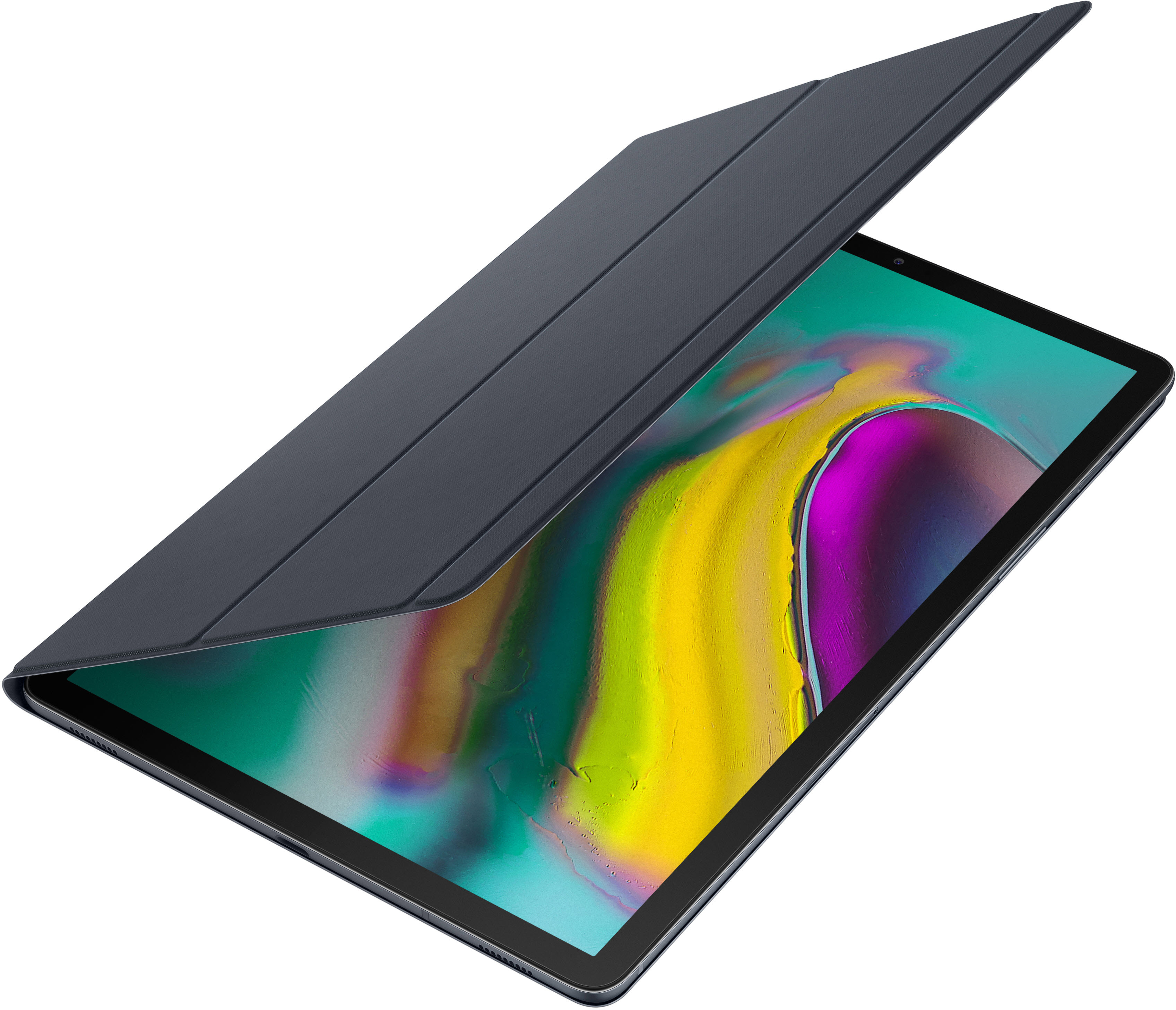 Ein Tablet mit geöffneter dunkelblauer Hülle, das einen bunten Bildschirm zeigt.