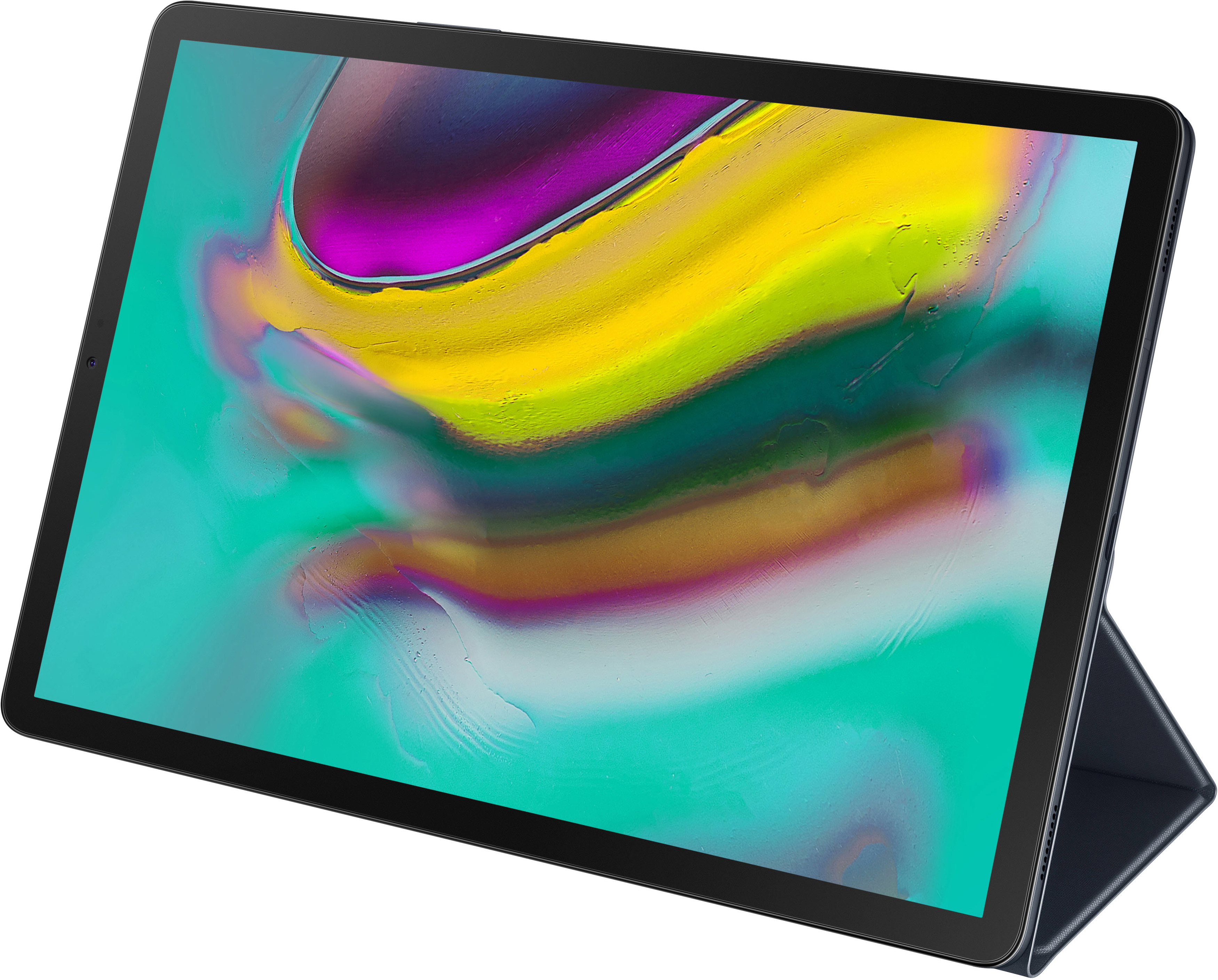 Tablet mit farbenfrohem Bildschirm. Das Gerät ist schwarz, mit Schutzhülle.