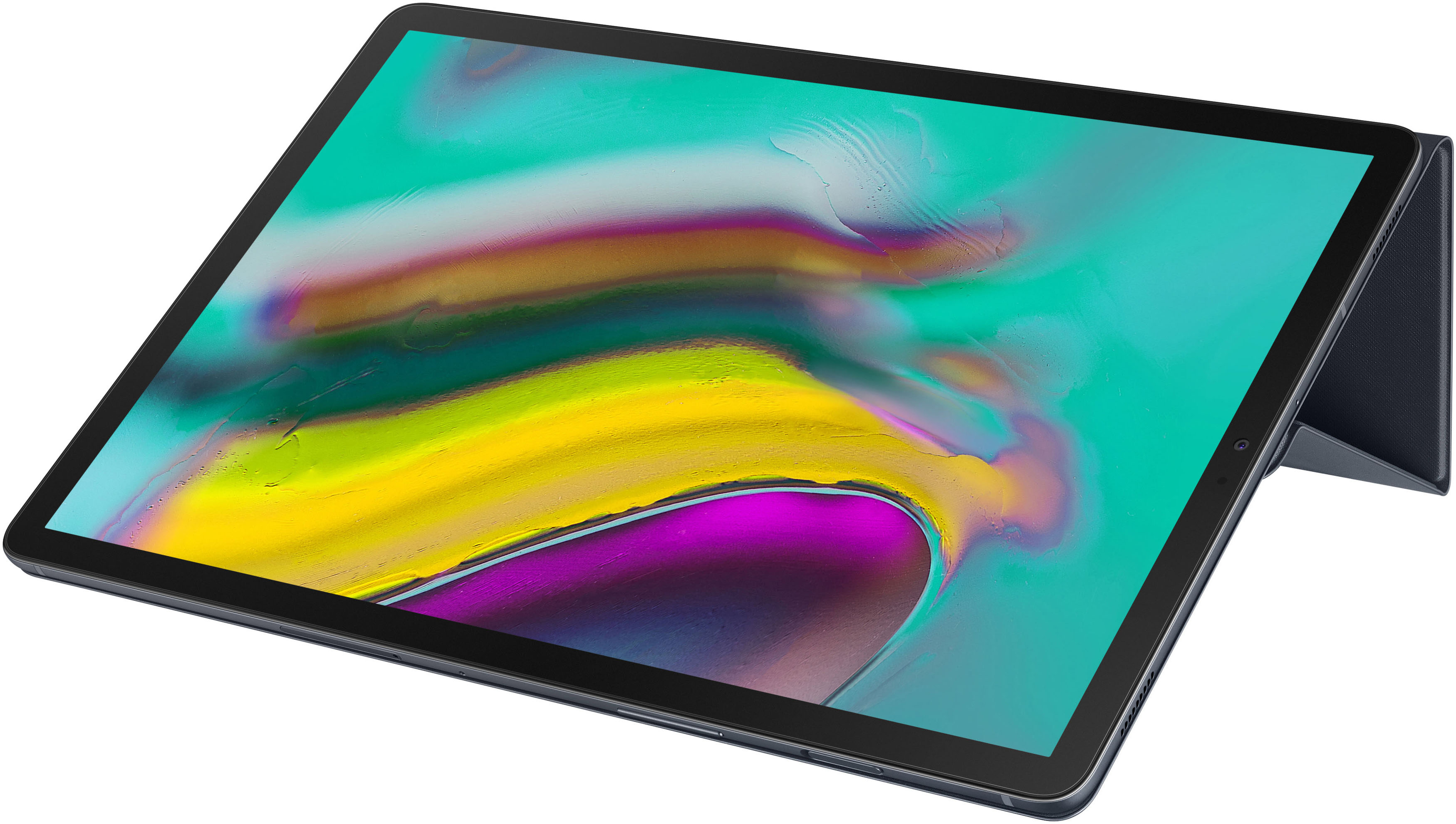Tablet mit lebendigem Bildschirm, durch eine Abdeckung aufgestellt. Bildschirm zeigt farbenfrohes abstraktes Bild.