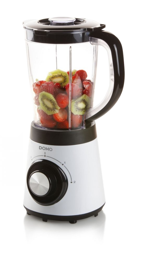 Blender blanc et noir avec des fruits à l'intérieur.