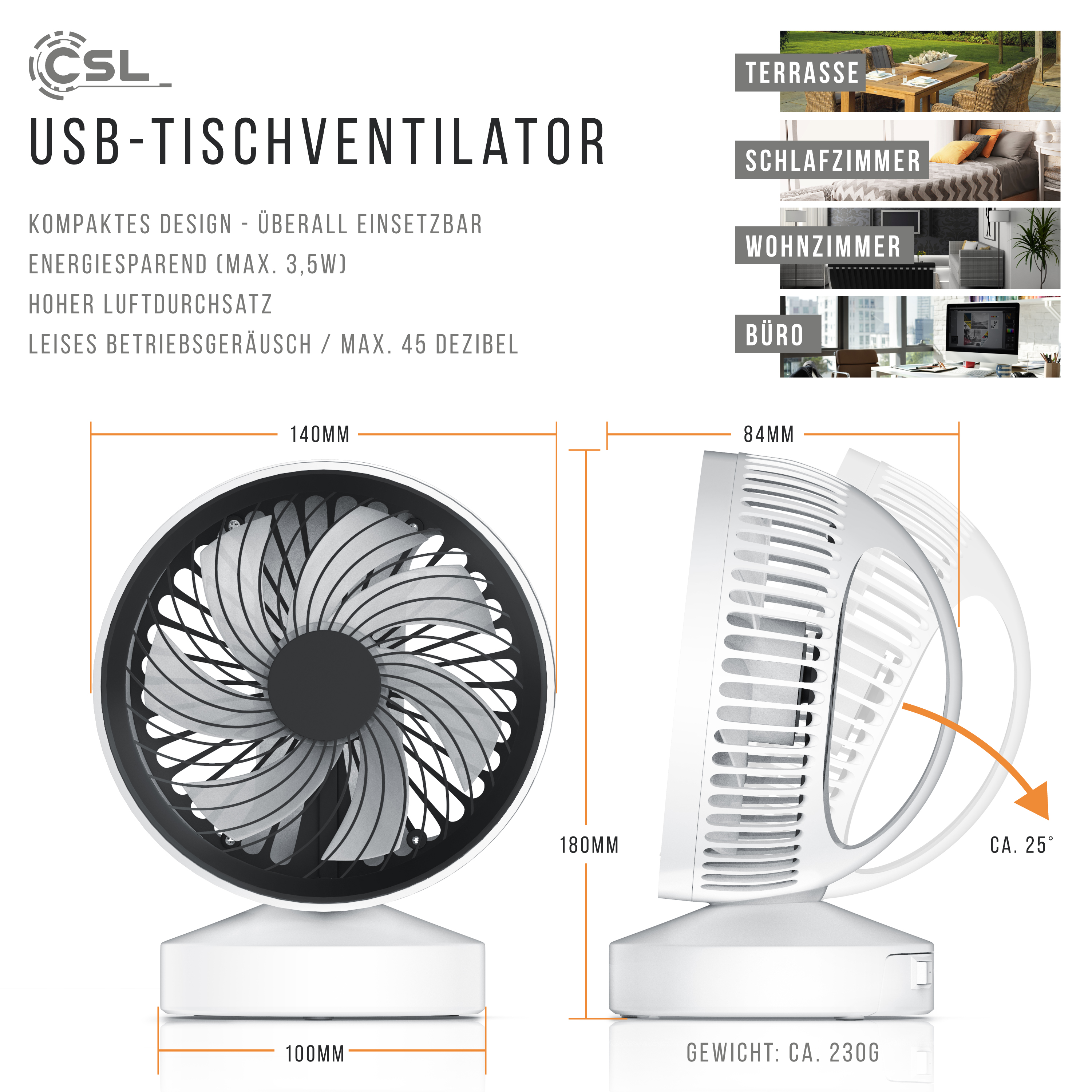 CSL 303022 USB Mini Tischventilator Weiß/Schwarz (3,5 Watt)