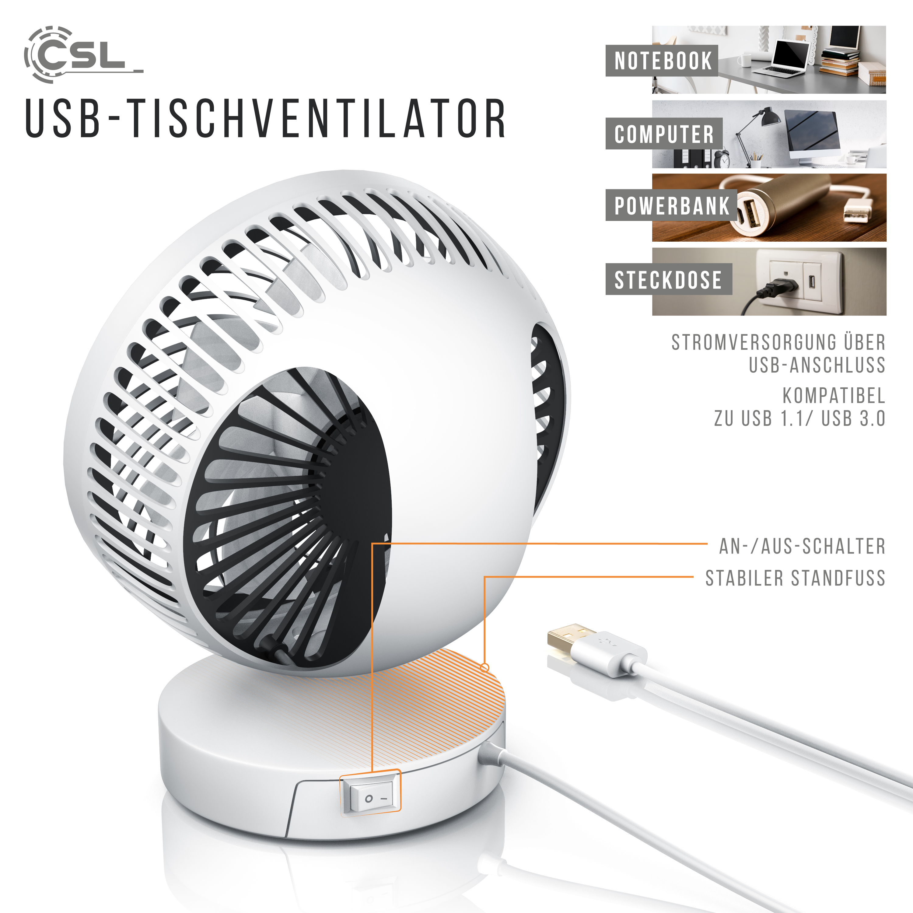 CSL 303022 USB Mini Tischventilator Weiß/Schwarz (3,5 Watt)