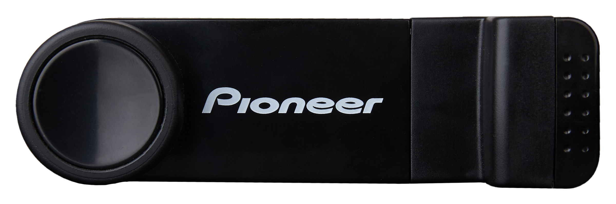 Black Pioneer device with a circular control on one side and the Pioneer logo.