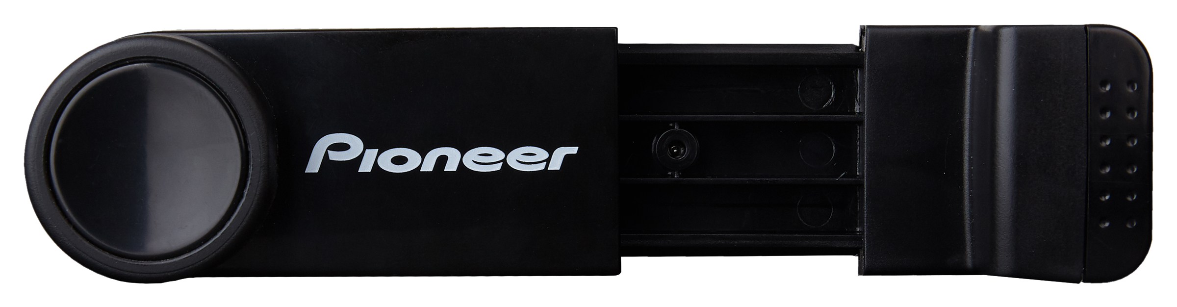 Black Pioneer device. The side of device with a button and logo is visible.