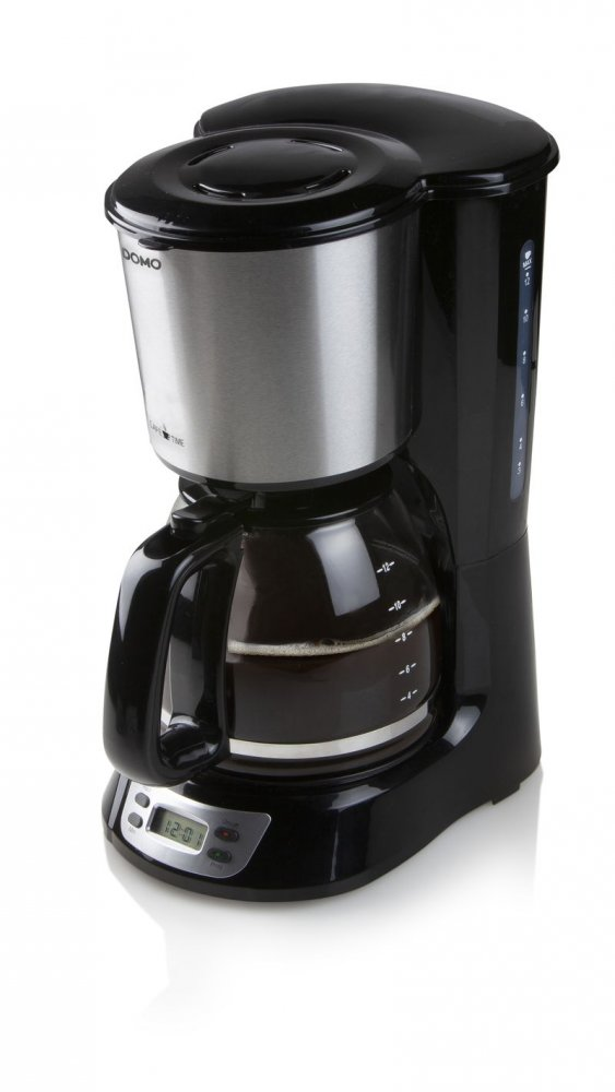 A black coffee maker with a glass carafe. White background.