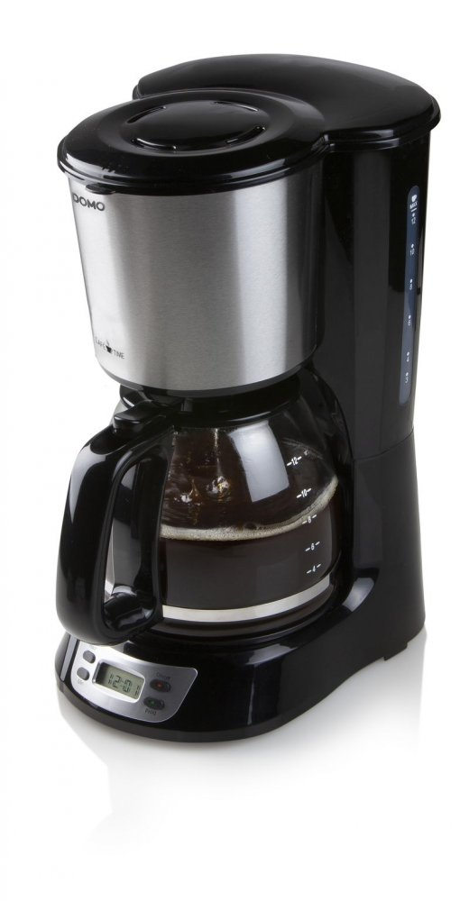 Black coffee machine with a glass carafe filled with coffee. It has a digital display.