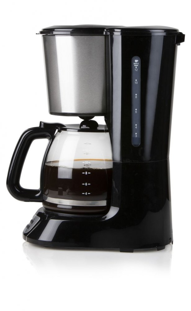 Black coffee maker with a glass carafe filled with coffee, white background.