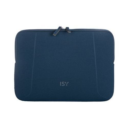 Funda azul para laptop con cremallera y las letras ISY, sobre un fondo blanco.