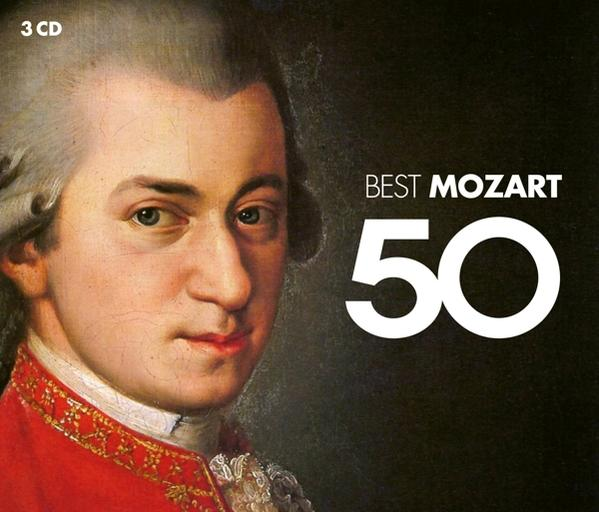 Albumcover mit einem Porträt von Mozart und den Worten 'Best Mozart 50' auf schwarzem Hintergrund.