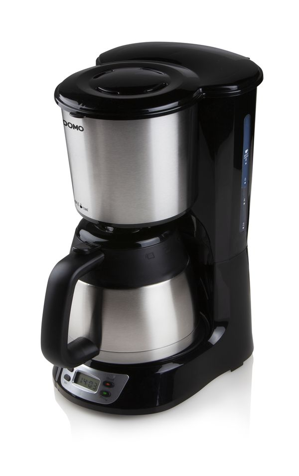 Black and silver coffee maker on white background.  'DOMO' label is visible.