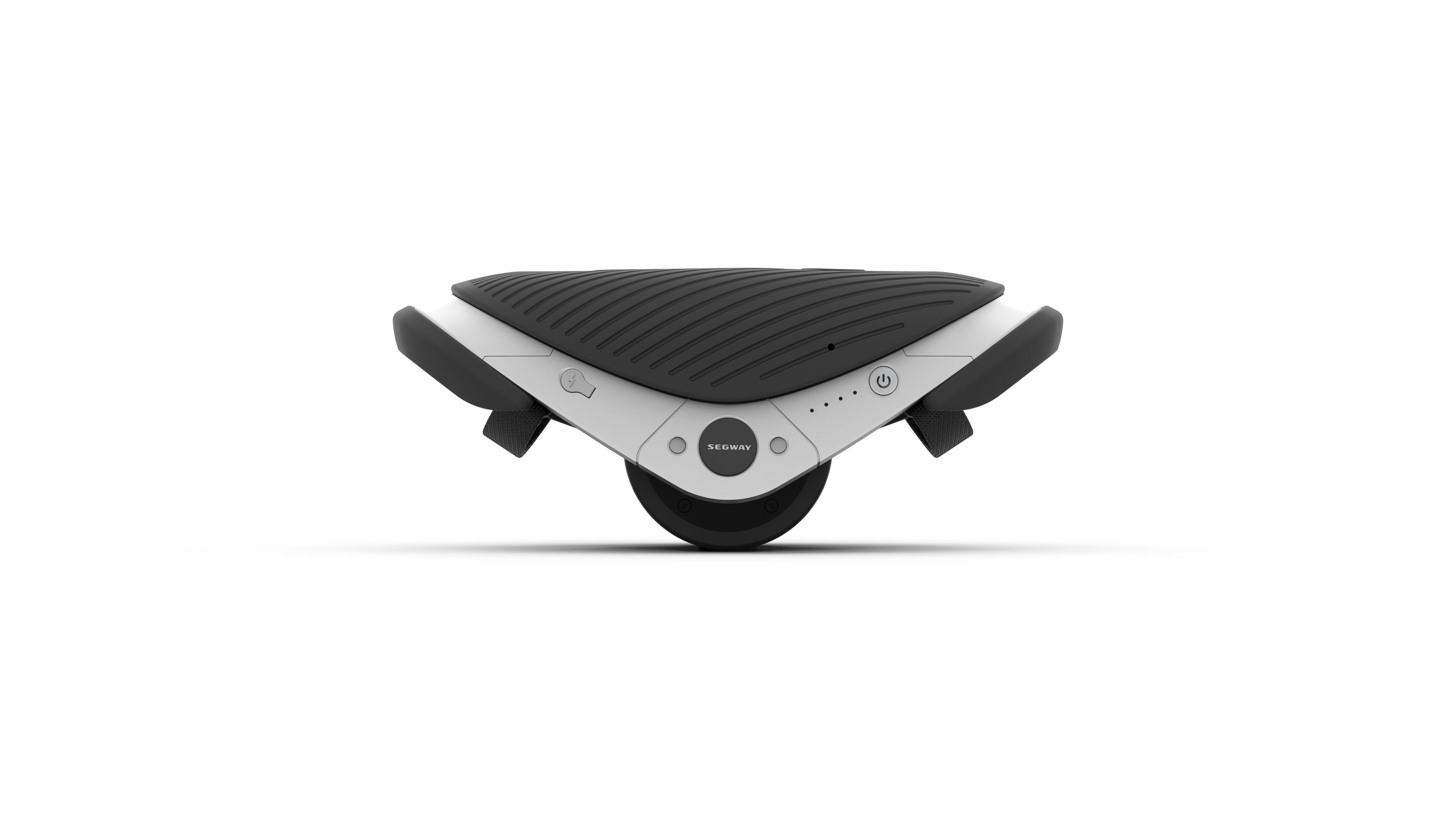 Ein weißes und schwarzes Segway mit einem einzelnen Rad auf weißem Hintergrund.