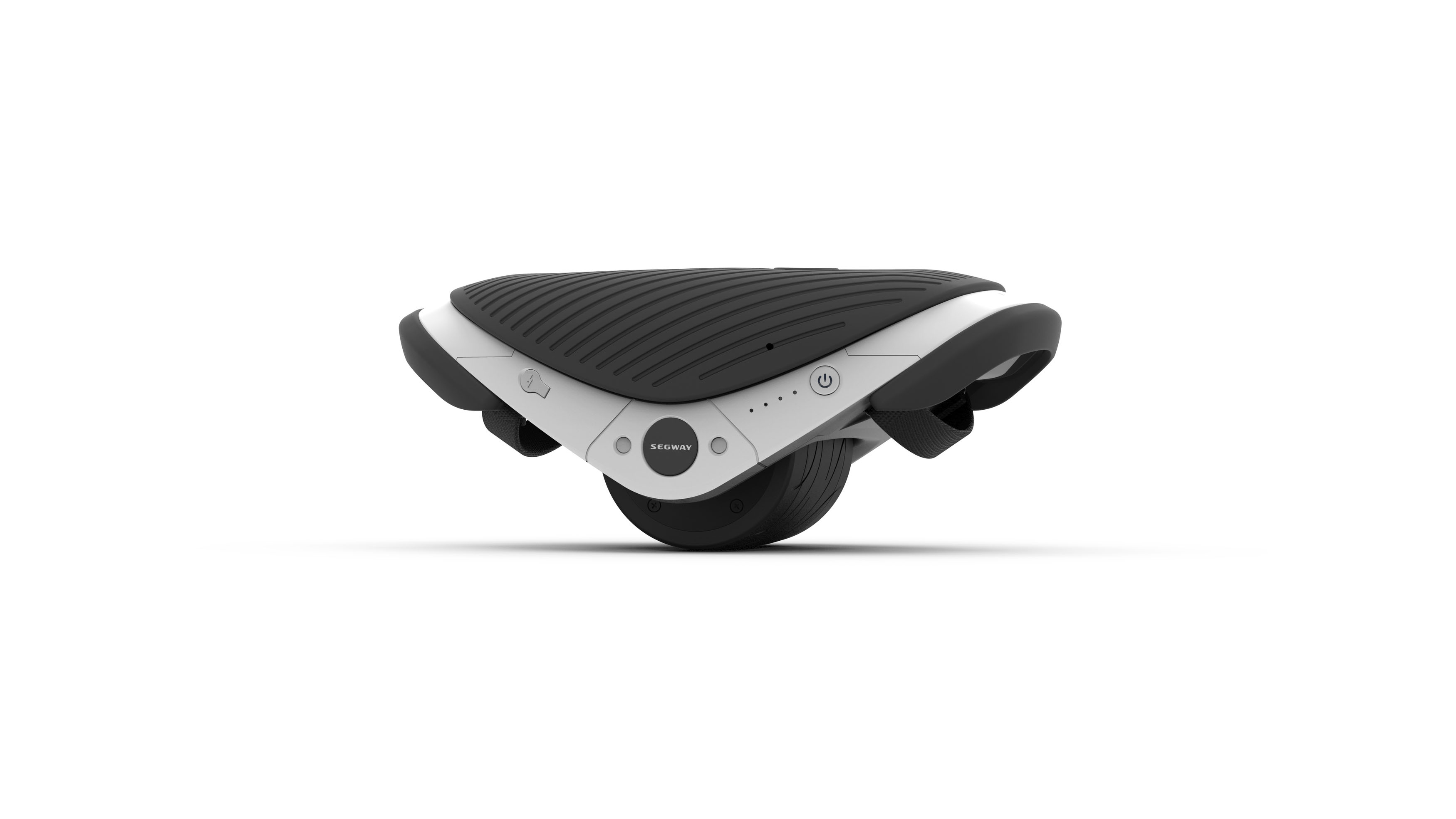 Schwarz-weißes Segway mit einem einzelnen Rad und Bedienfeld.