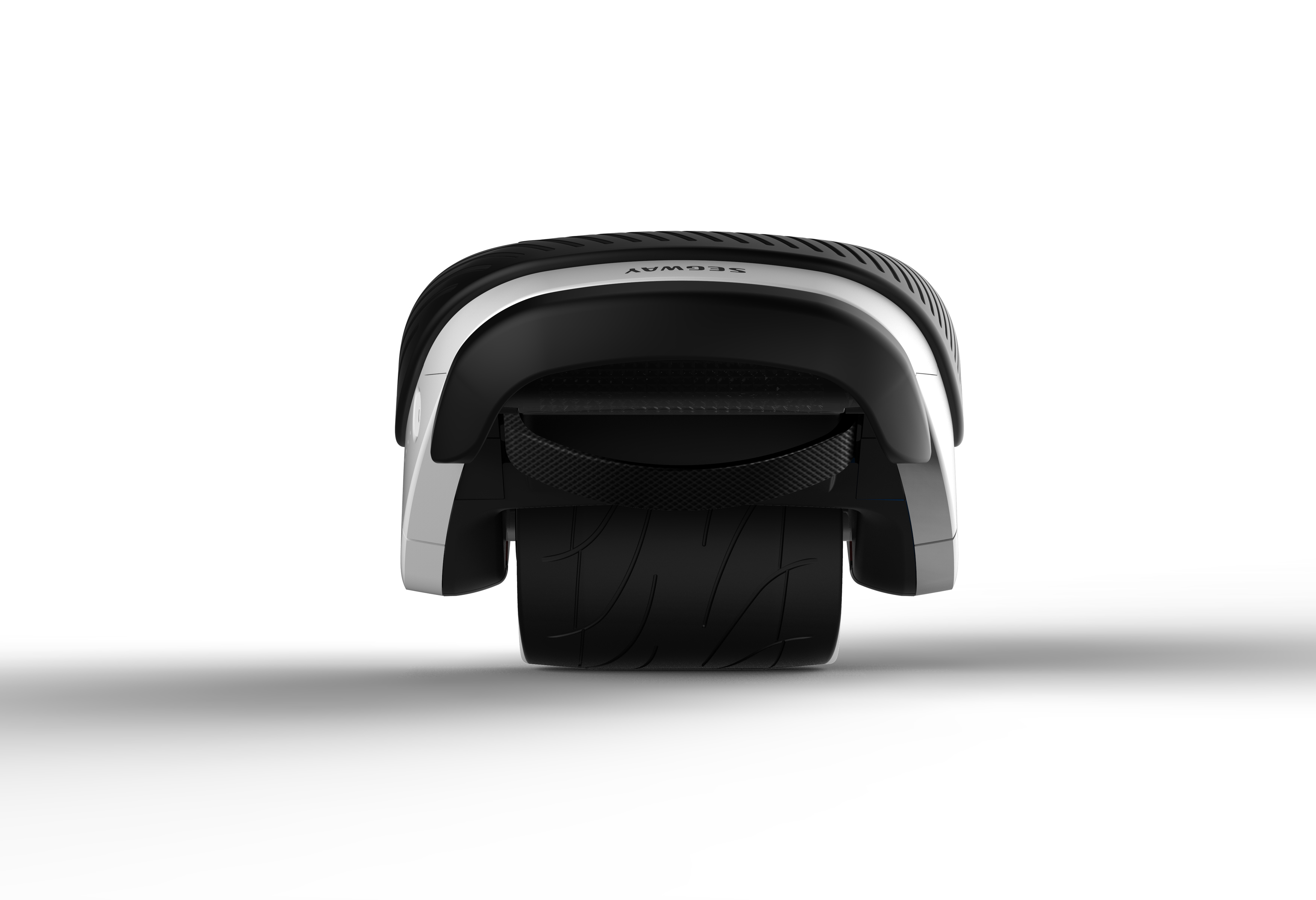 Ein schwarz-weißes Segway-Einrad. Der Reifen ist sichtbar, zusammen mit dem Segway-Logo.