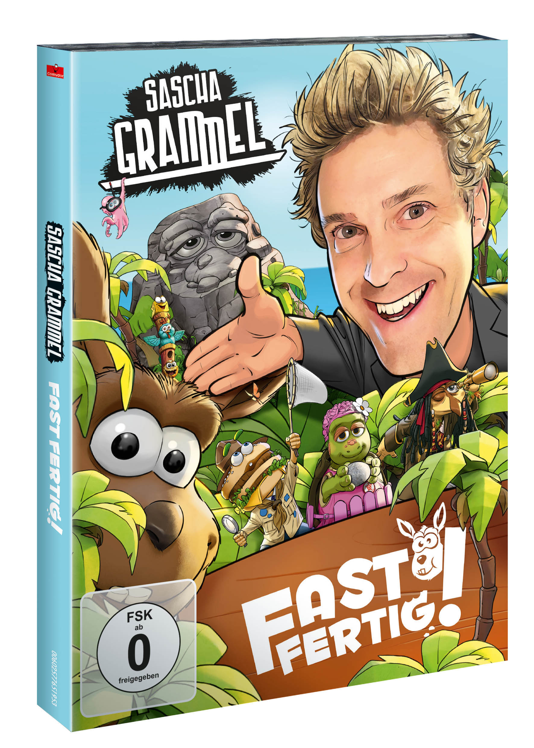 DVD-Cover. Mann mit Zeichentrickfiguren. Titel: Sascha Grammel. FSK 0 Bewertung. Buntes Design.