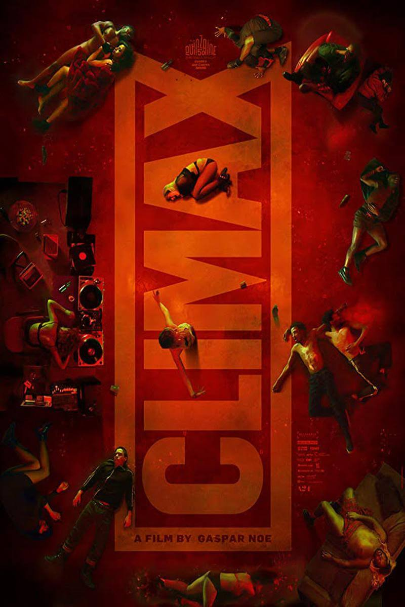 Affiche de film avec le titre CLIMAX et des gens dansant sur fond rouge.