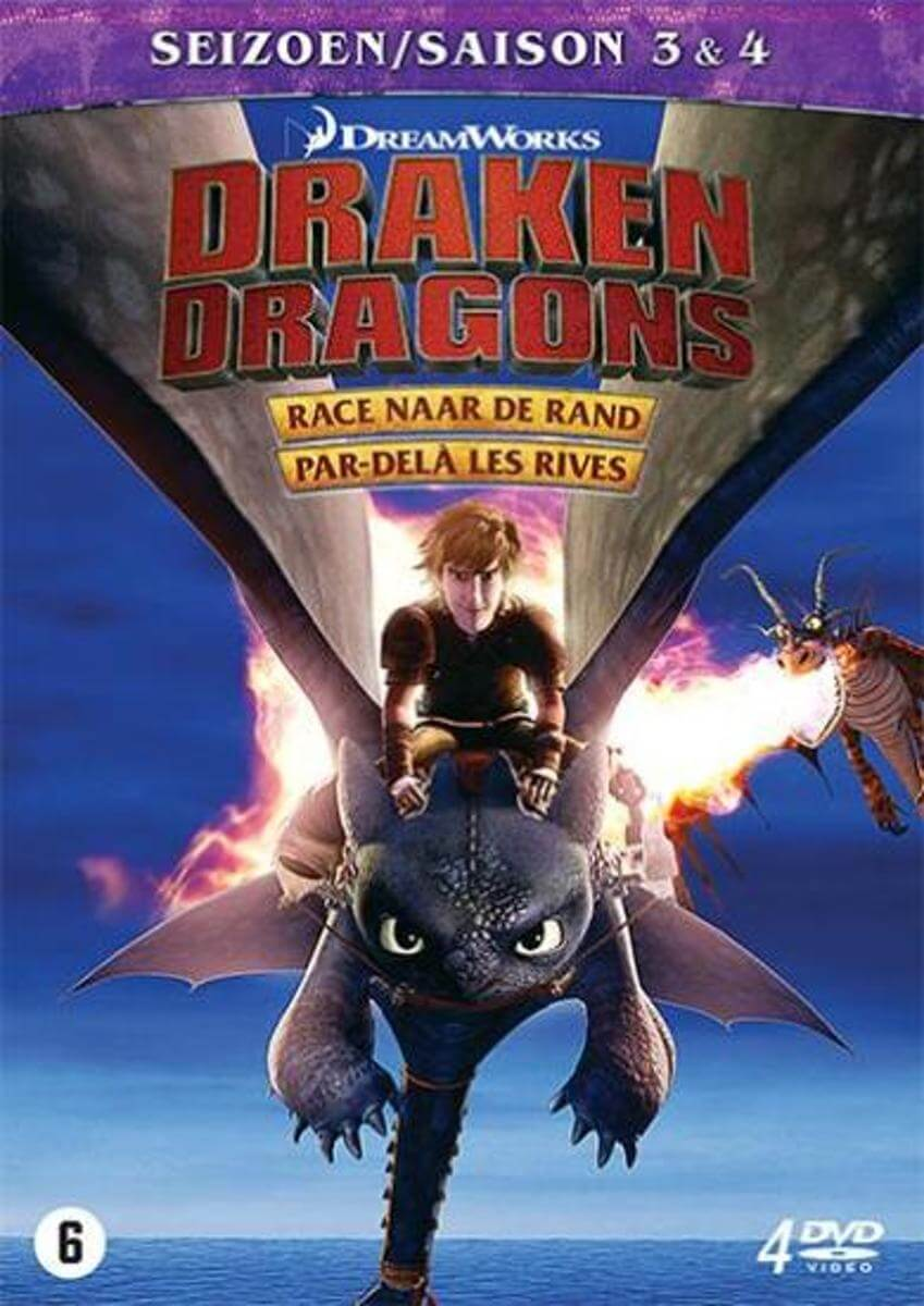 Pochette de DVD, image de dessin animé d'un garçon chevauchant un dragon, avec texte : 'Draken Dragons'.
