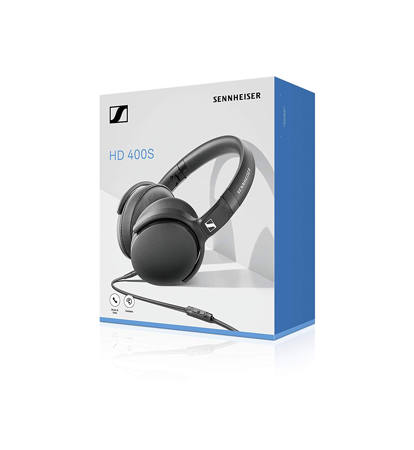 Una caja de auriculares Sennheiser HD 400S negros, con un cable y un micrófono.