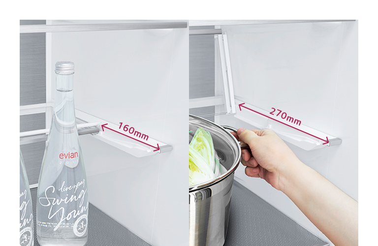 Kühlschrankregale mit Wasserflasche und Hand, die Topf hält.