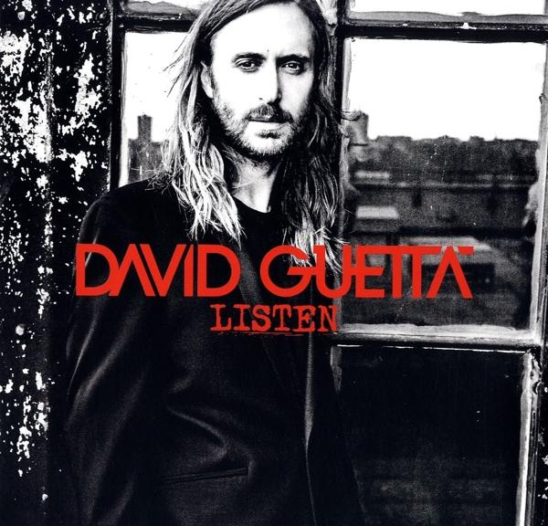 Albumhoes: David Guetta Listen. David Guetta staat voor een raam.