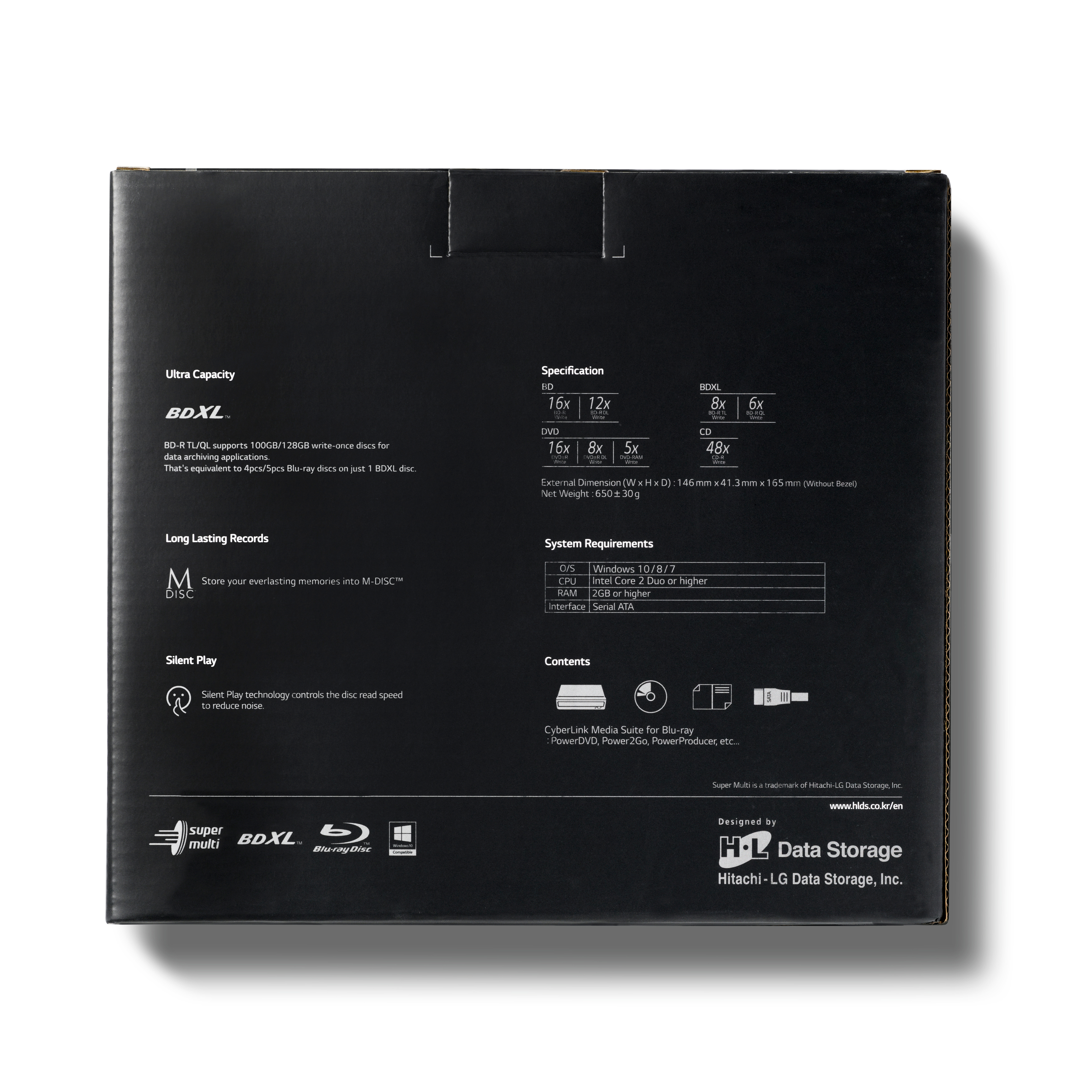 Schwarze Box mit Text, Spezifikationen und einem Disc-Symbol, isoliert auf Weiß.