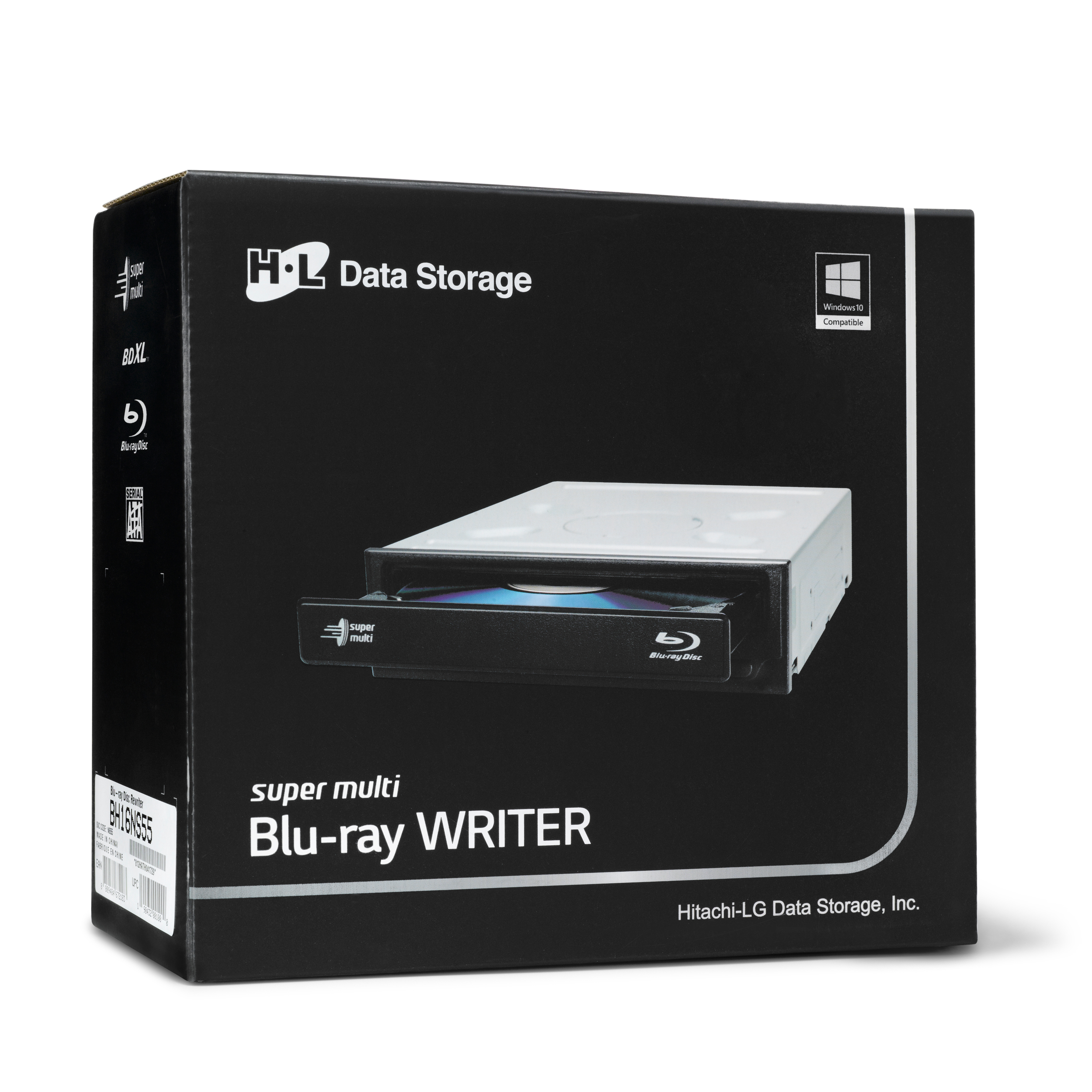 Schwarzer Karton mit einem Blu-ray-Brenner. Die Box hat weißen und schwarzen Text und Design.