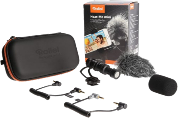 Een Rollei Hear:Me mini microfoonkit met accessoires, in een zwarte draagtas.