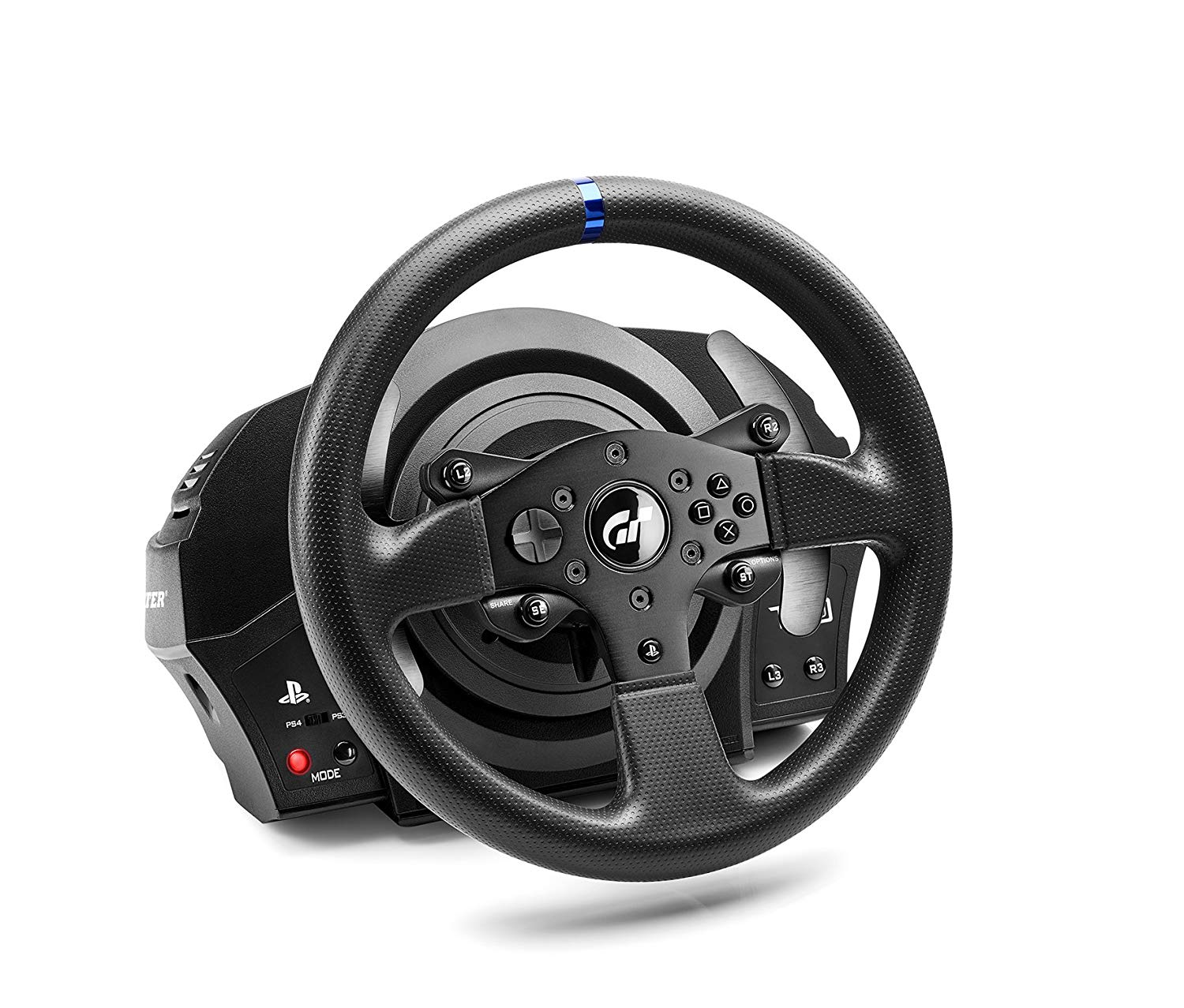 Volante de carreras negro y gris. Tiene botones y un logotipo de "Gran Turismo".