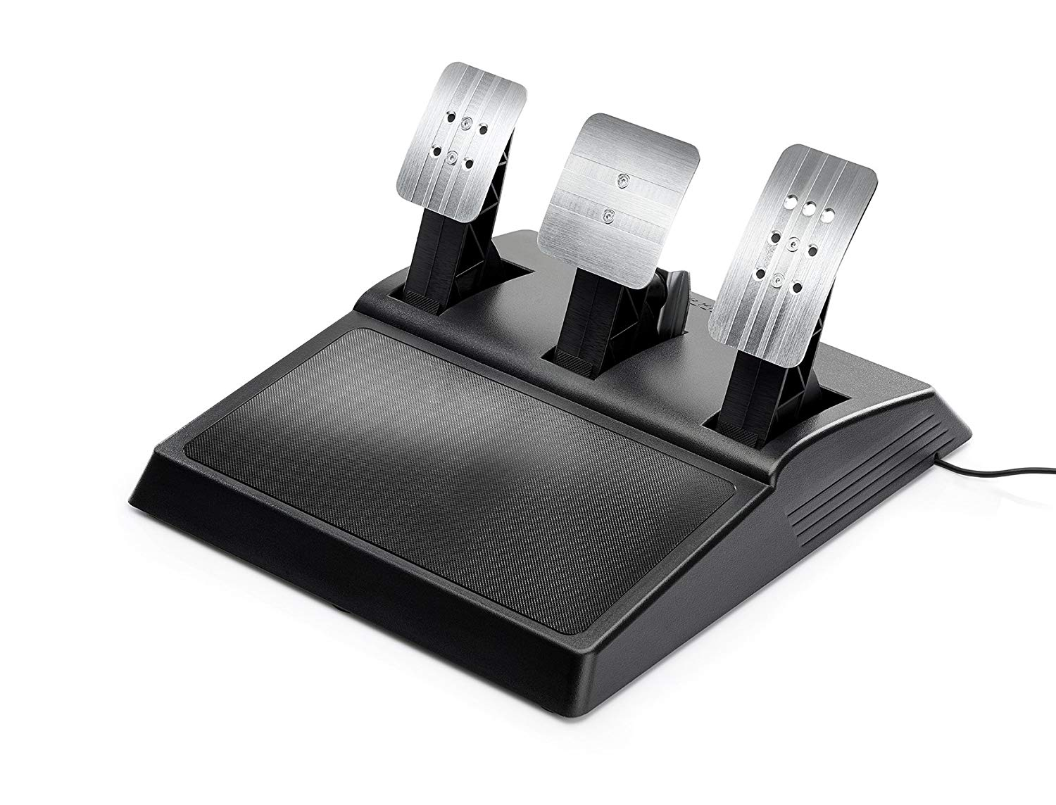 Juego de pedales para juegos de carreras con tres pedales sobre una base negra.