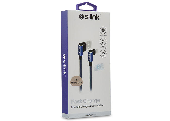 S-LINK Swapp SW-C557 3A 15cm Micro Metal -L- Şarj Kablosu Lacivert Kılıflı