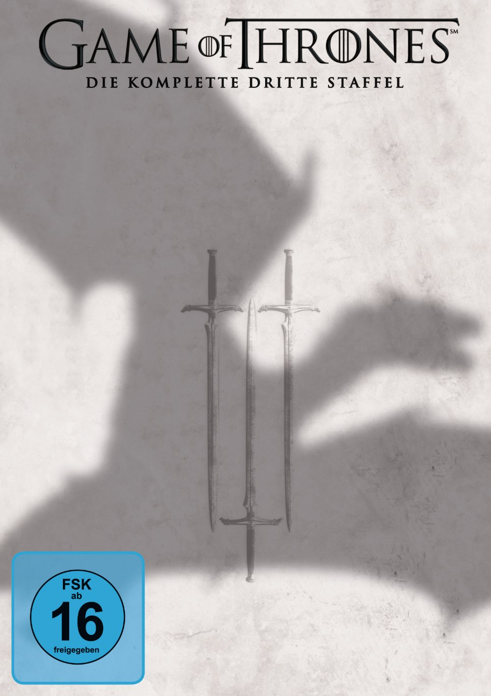 Game of Thrones Staffel 3 DVD-Hülle mit Schwertern und einem Schatten. Es hat eine Bewertung von 16.