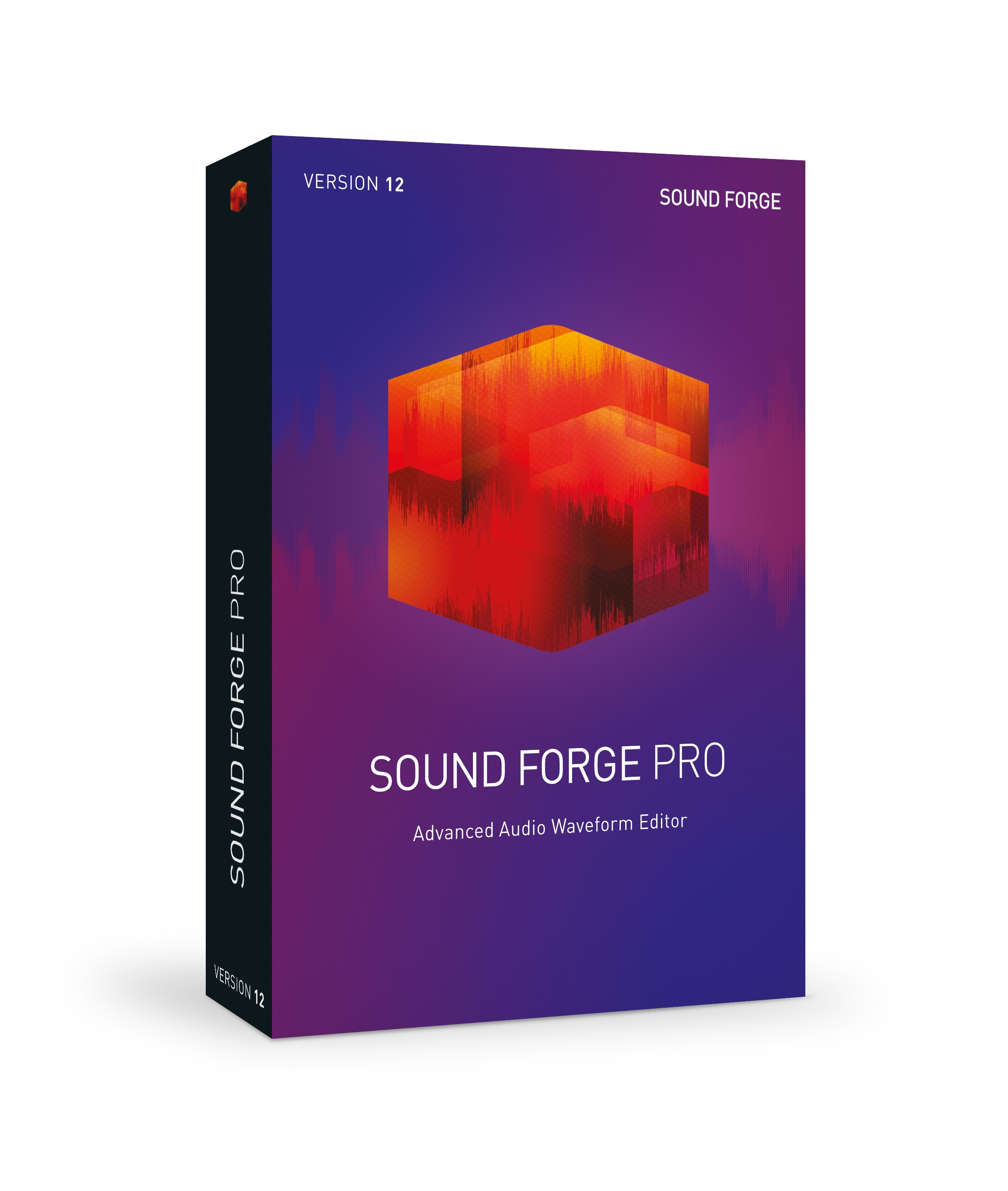 Doos met Sound Forge Pro-software, donkerblauwe en rode kleuren, versie 12 weergegeven.
