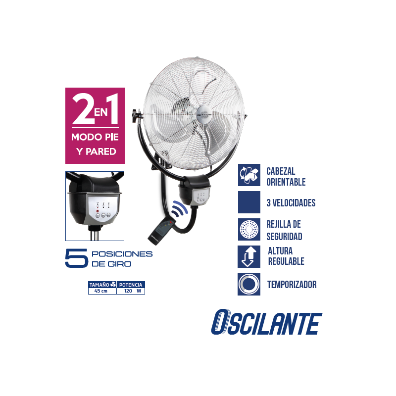 Ventilador de pie - Orbegozo PWS 3045, Industrial, 120 W, 3 velocidades, Aspas metálicas, 45 cm