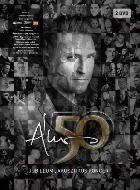 DVD borító középen egy férfi arcával, kisebb fotókkal körülvéve. Szöveg: Album 50 Jubileumi, Akusztikus Koncert.