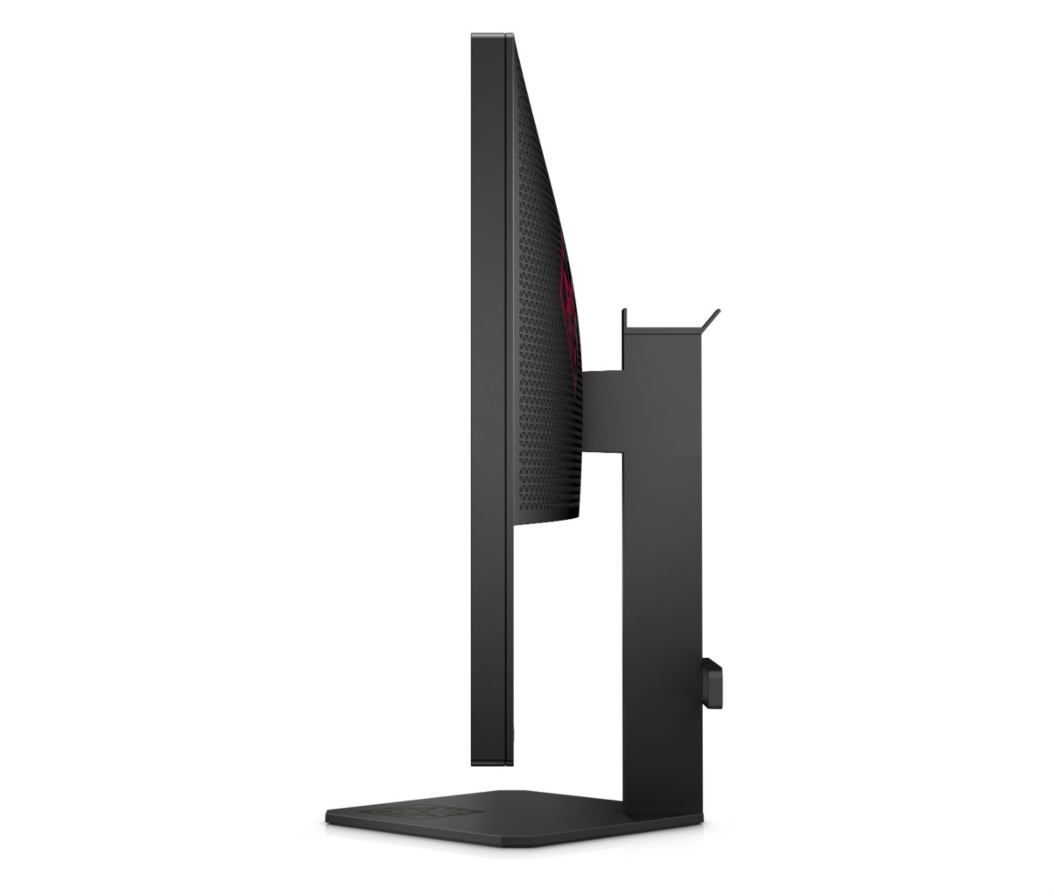 Un monitor de computadora negro sobre un soporte negro. La vista lateral muestra acentos rojos.