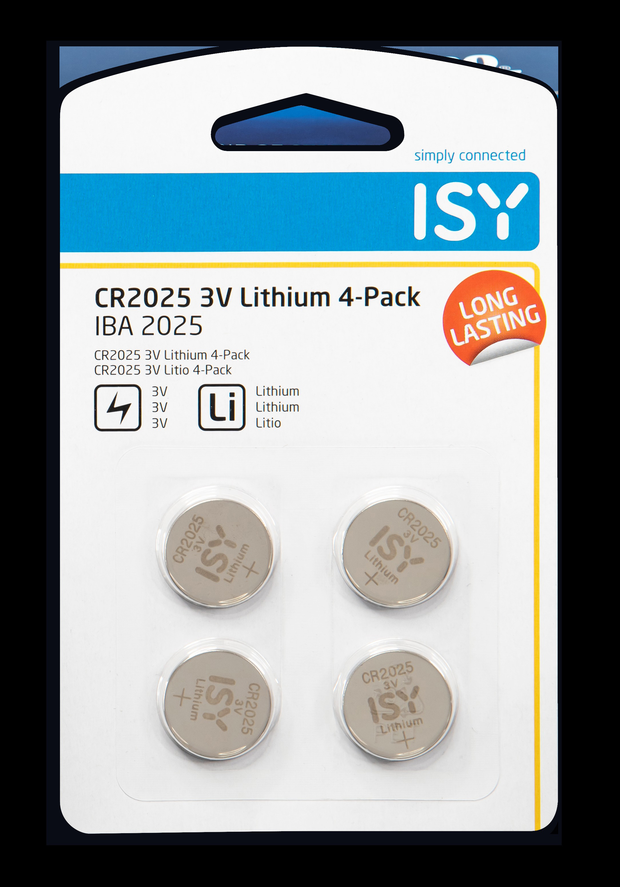4er-Pack ISY CR2025 3V Lithium-Batterien. Weiße und gelbe Verpackung.