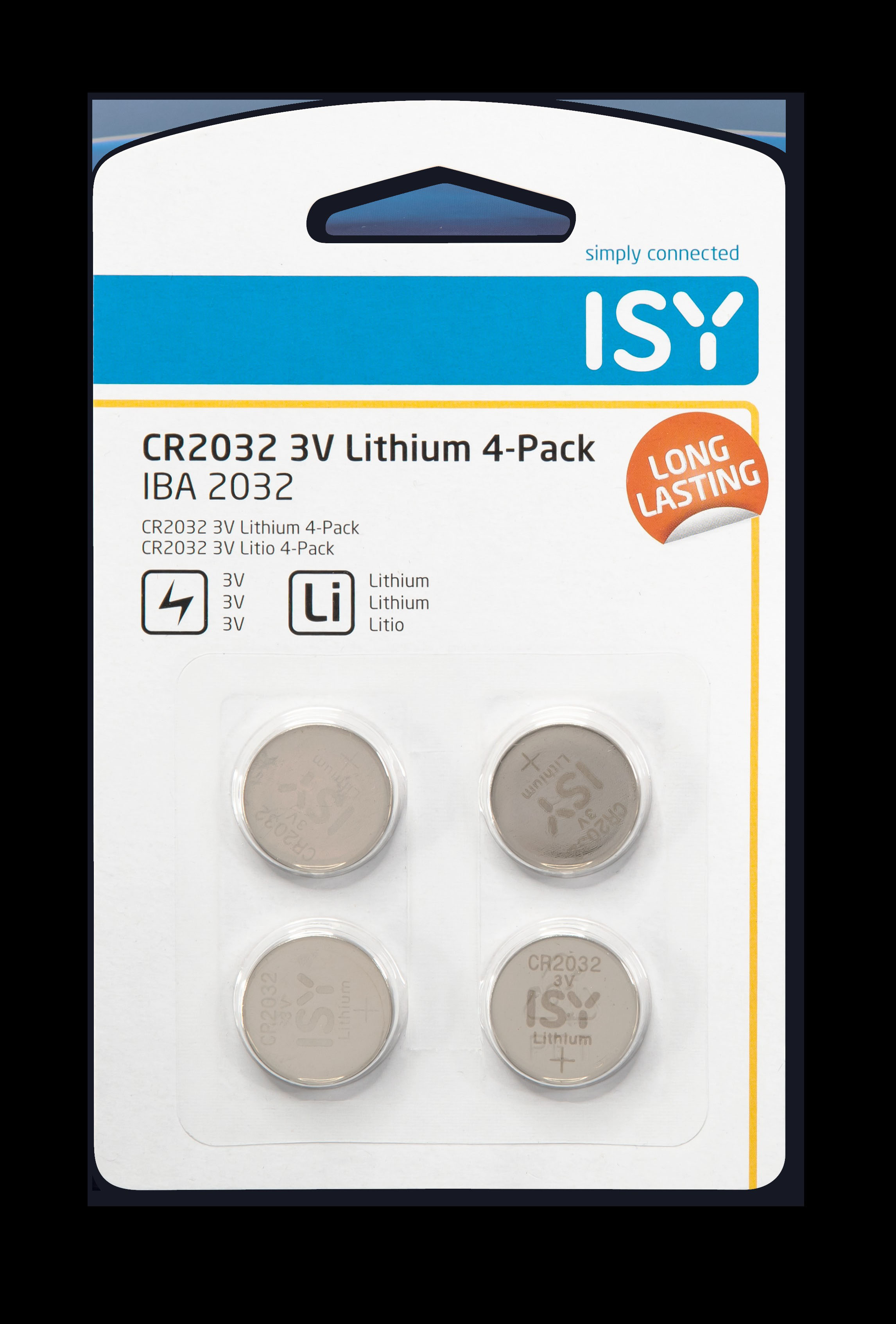 Blisterpackung mit vier CR2032 3V Lithium-Batterien. Die Packung liegt auf schwarzem Untergrund.