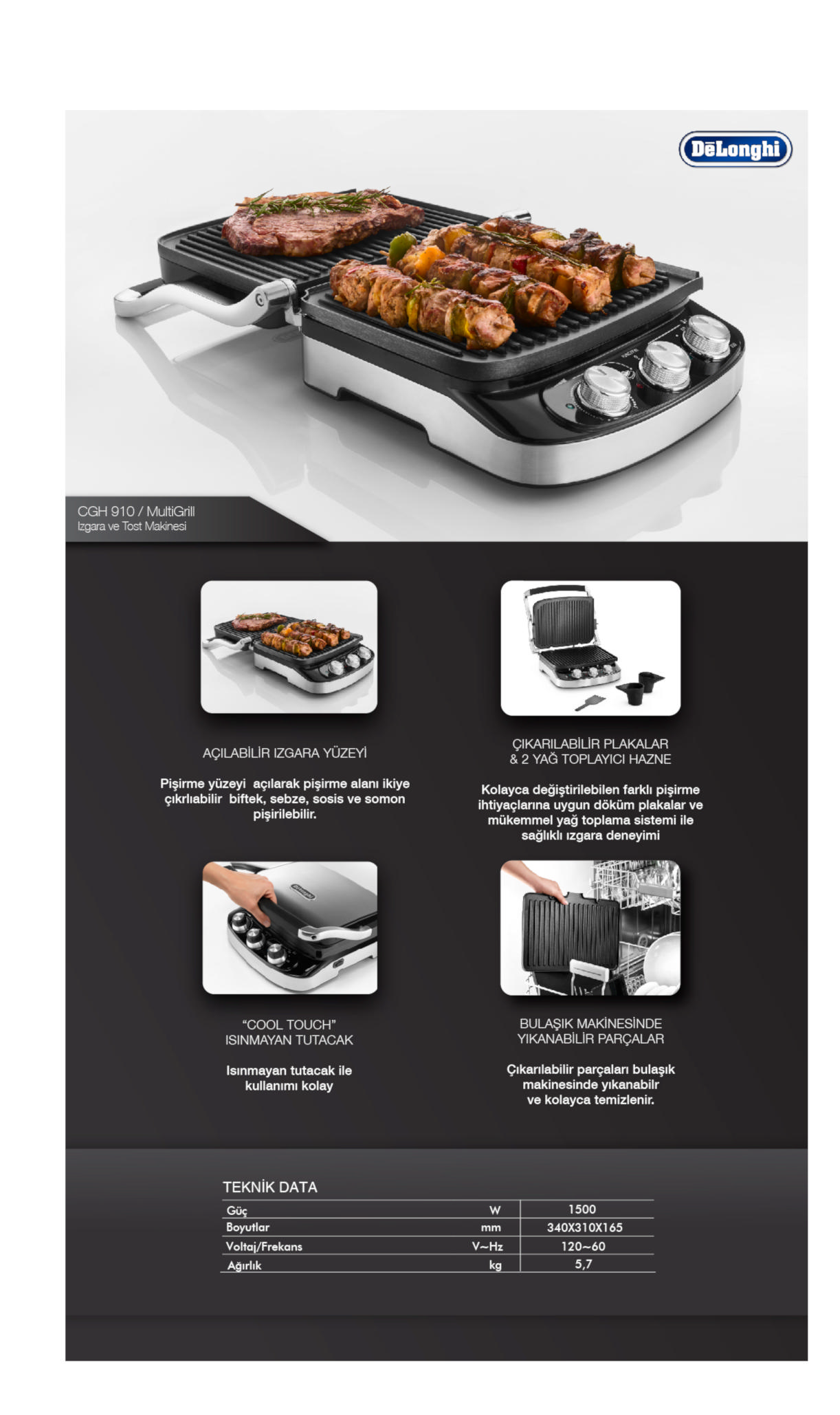 Delonghi MultiGrill'i açıklayan resimler ve metin içeren basılı sayfa.