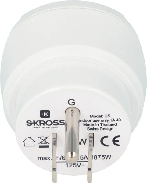 White travel adapter with black text and silver prongs. It's a SKROSS adapter.