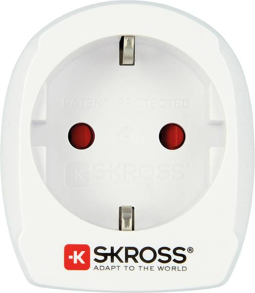 A white adapter for European plugs. It has two red holes and a SKROSS logo.