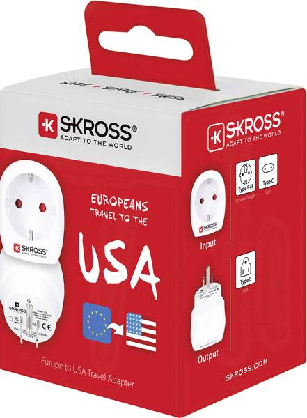 A box with a travel adapter, red and white colors. Text says: Europeans travel to the USA.