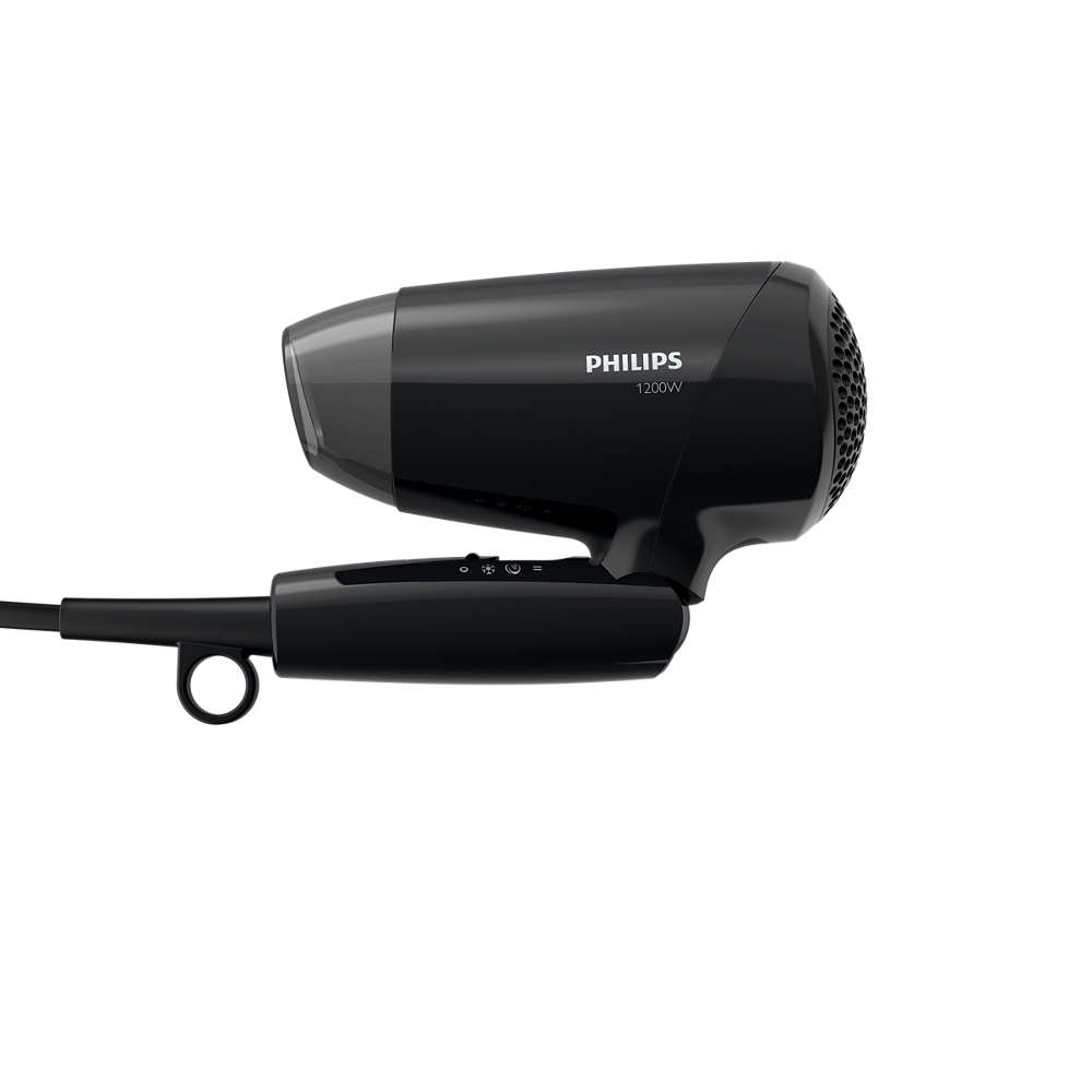 Egy fekete Philips 1200W hajszárító fehér felületen, a fogantyút és a fúvókát mutatva.