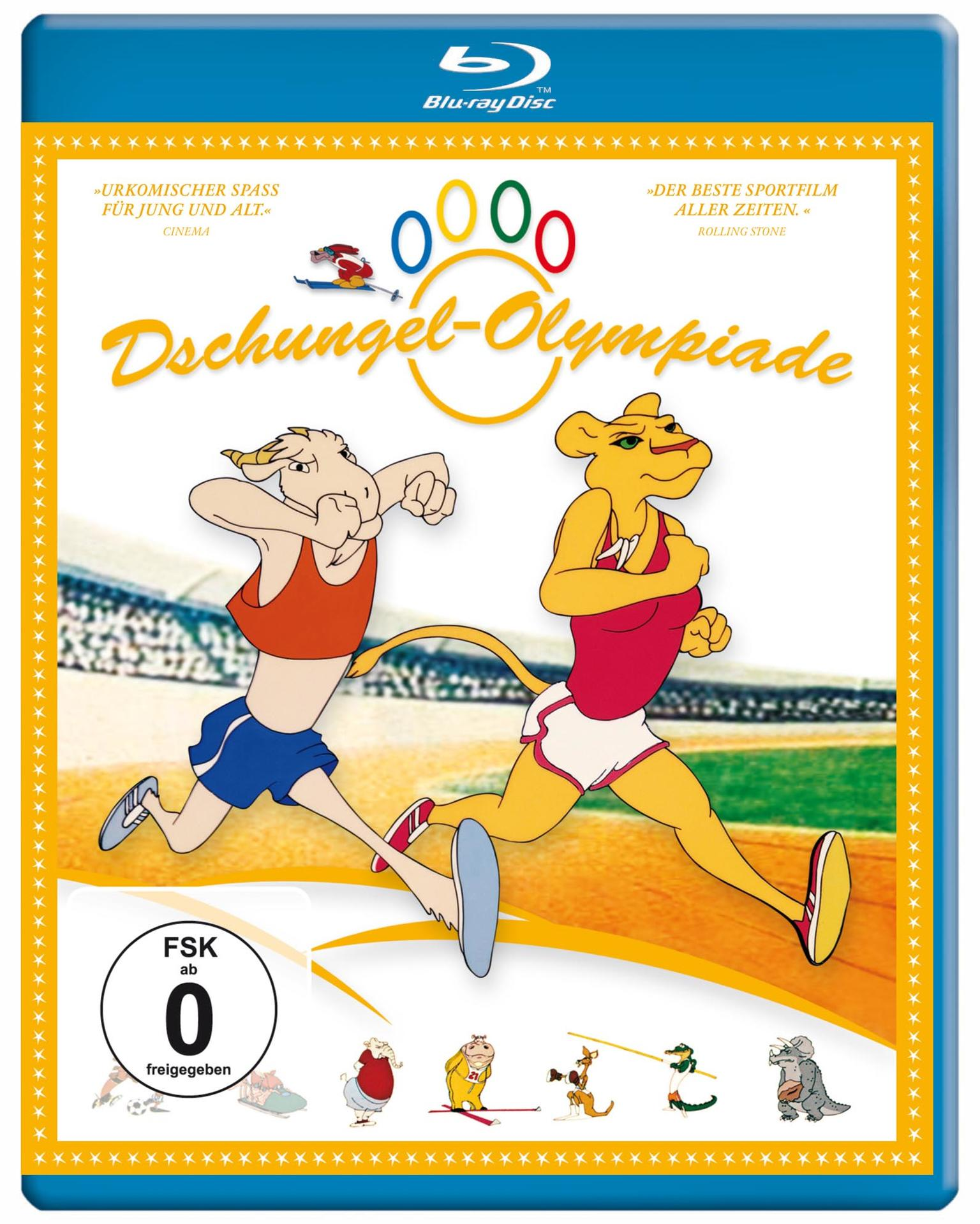 Zeichentrickfilmplakat einer olympischen Veranstaltung mit Tierfiguren.