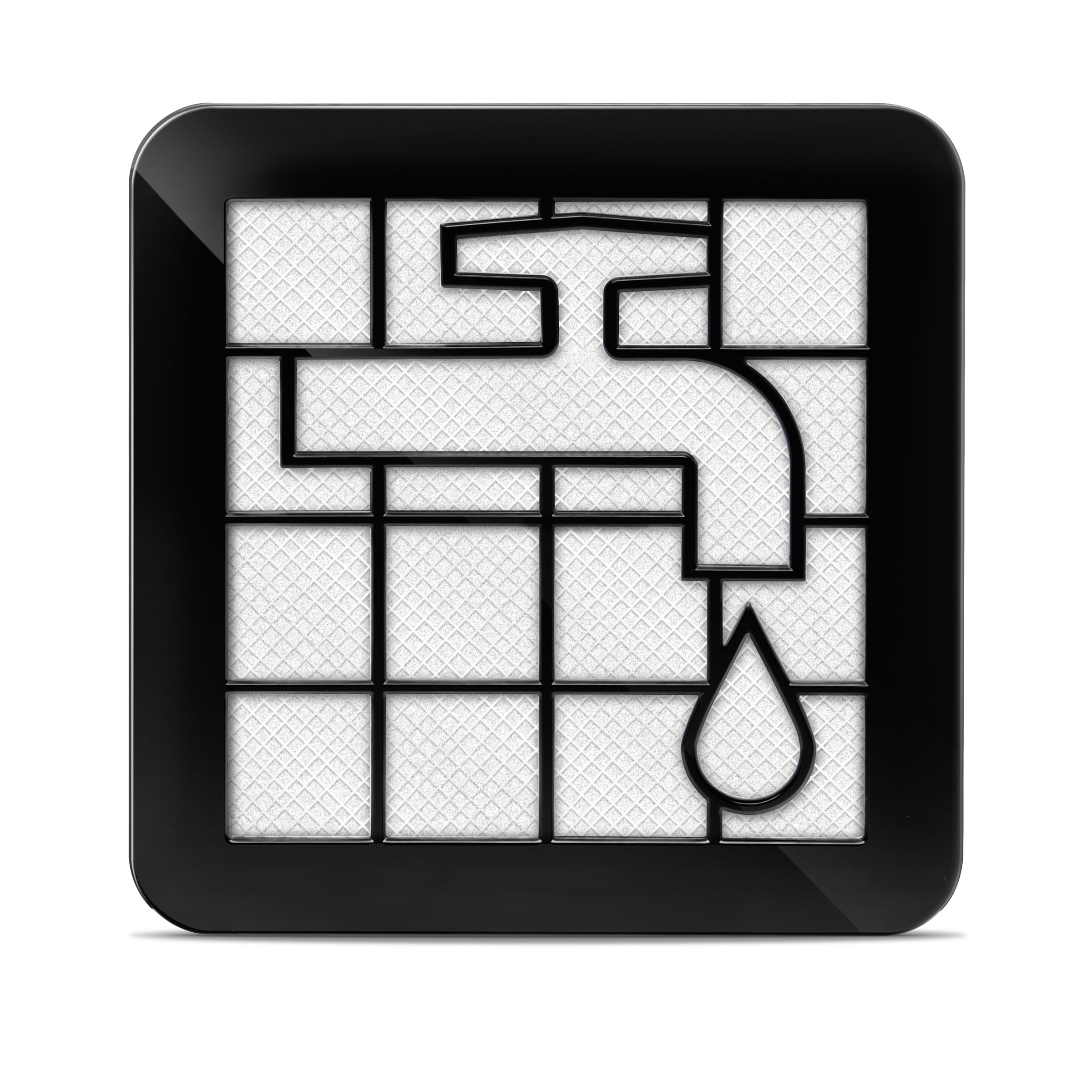 Schwarzes Quadrat mit Wasserhahn-Symbol und Tropfen.